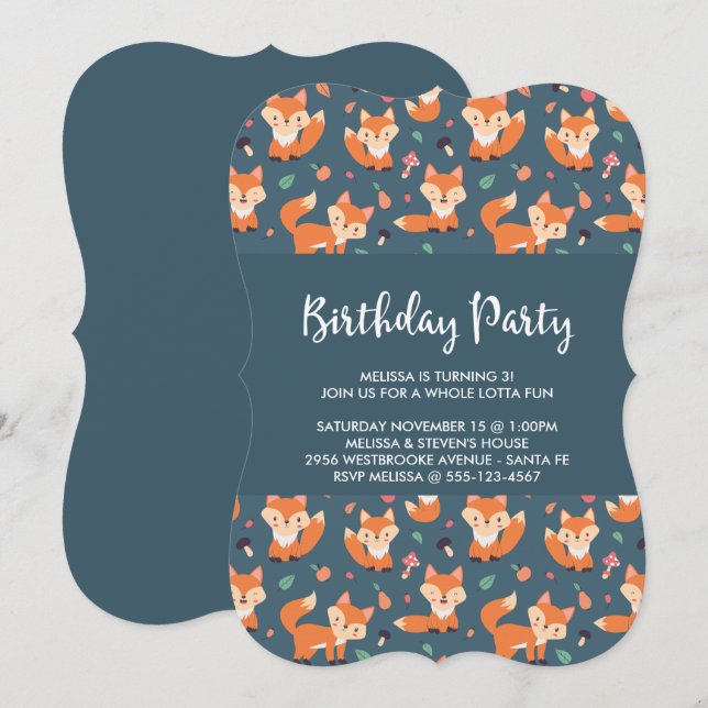 Cute Orange Fox Mönster Birthday Inbjudningar (Fram/baksida)