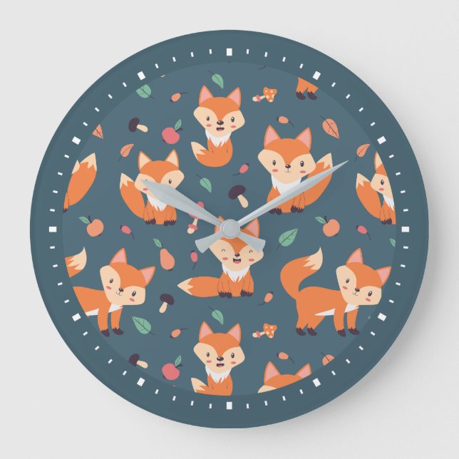 Cute Orange Fox Mönster Stor Klocka (Framsida)