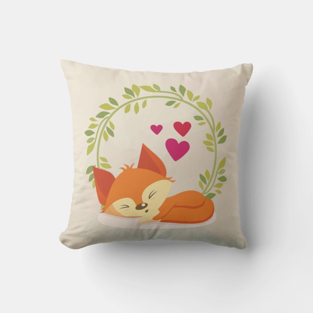 Cute Orange Fox, Red Hearts och en Grönt av andedr Kudde (Framsida)