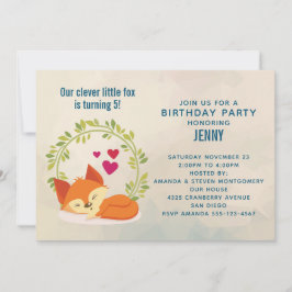 Cute Orange Fox, Red Hearts och Wandeans Birday Inbjudningar