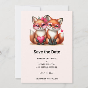 Cute Orange Foxes i Kärlek Bröllop Spara Datumet