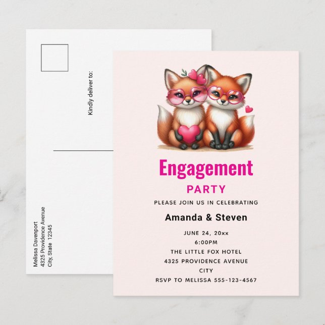 Cute Orange Foxes i Kärlek Förlovning Inbjudan Vykort (Fram/baksida)
