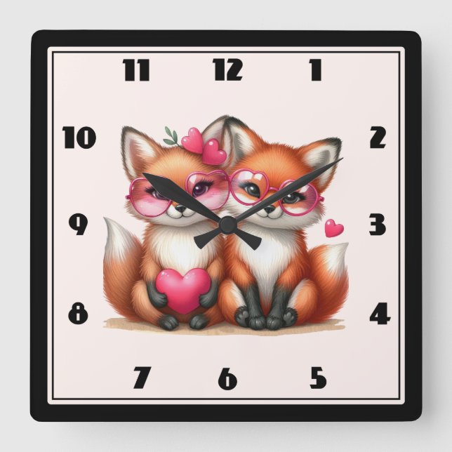 Cute Orange Foxes i Kärlek Fyrkantig Klocka (Framsida)