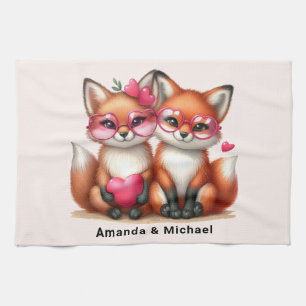 Cute Orange Foxes i Kärlek Kökshandduk