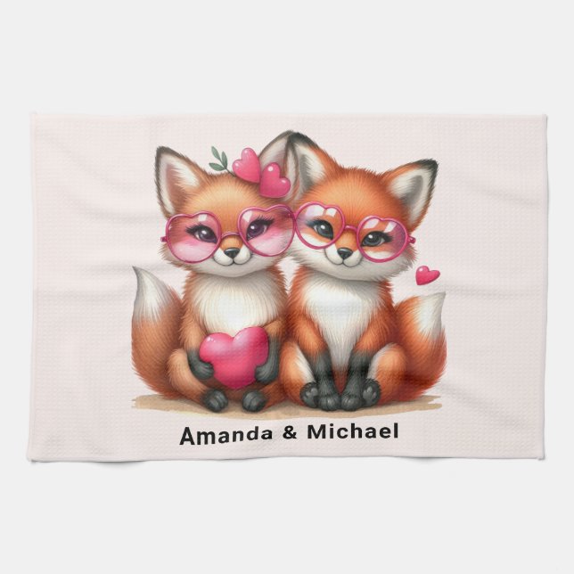 Cute Orange Foxes i Kärlek Kökshandduk (Horisontell)