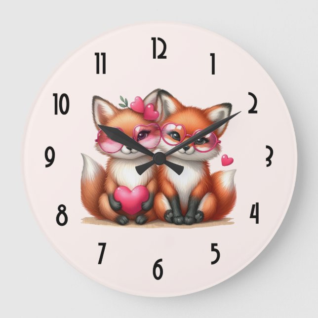 Cute Orange Foxes i Kärlek Stor Klocka (Framsida)