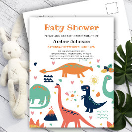 Cute Orange Grönt Baby Dinosaur Boy Shower Inbjudan Vykort