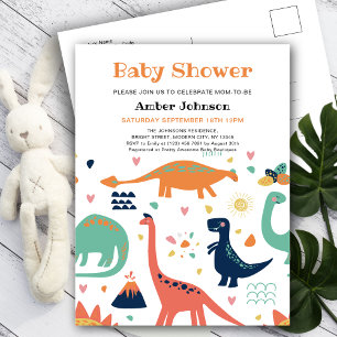 Cute Orange Grönt Baby Dinosaur Boy Shower Inbjudan Vykort