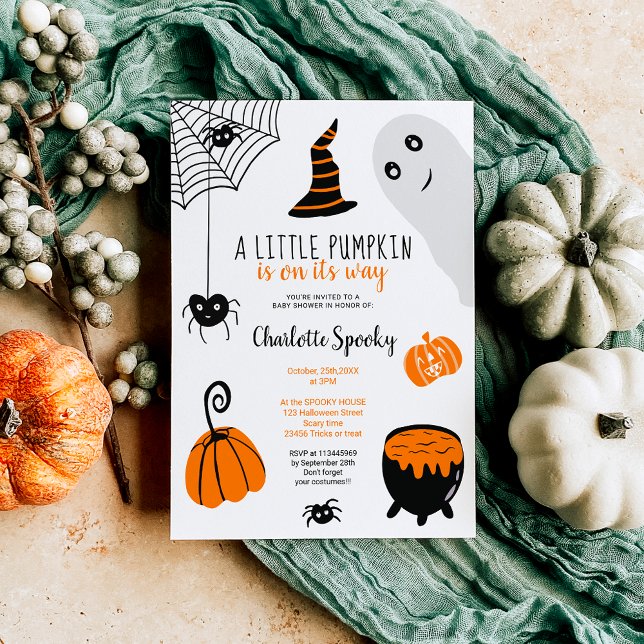 Cute orange Halloween-illustrationer babydusch Inbjudningar (Cute orange Halloween illustrations baby shower Invitation)