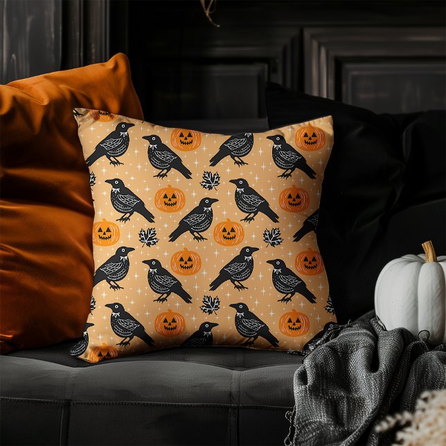 Cute Orange Halloween Kråka Pumpkin Mönster Kudde (Skapare uppladdad)