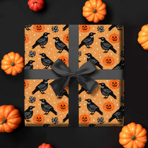 Cute Orange Halloween Kråka Pumpkin Mönster Presentpapper