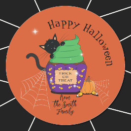 Cute Orange Halloween Stickers med svart katt Runt Klistermärke