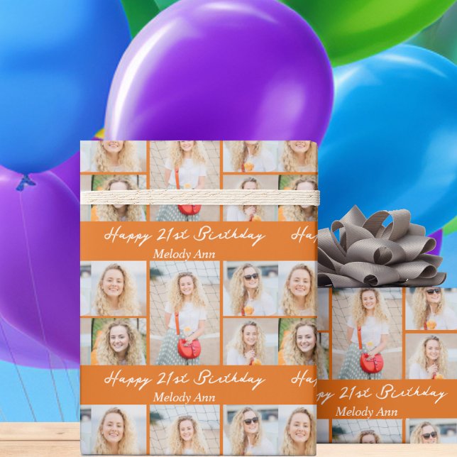 Cute Orange Happy Birthday Photo Collage Custom Presentpapper (Skapare uppladdad)