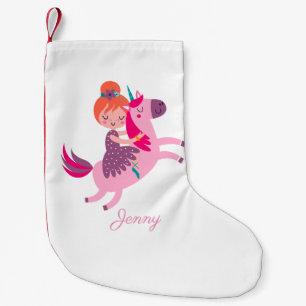 Cute Orange Hred Girl Riding på Unicorn Liten Julstrumpa