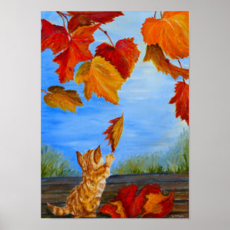 Cute orange-katten leker med höst löv. Poster