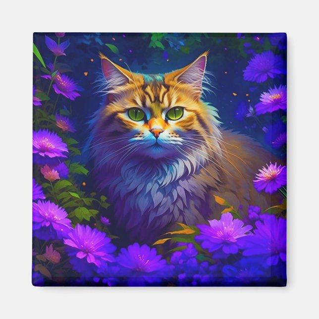 Cute Orange Kattunge i Flowers Magnet (Framsidan)