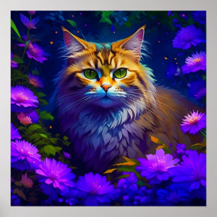 Cute Orange Kattunge i Flowers Poster