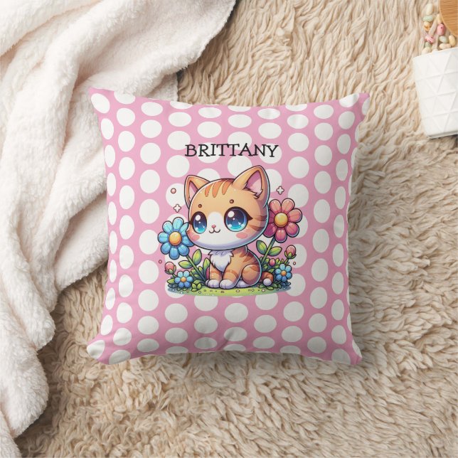 Cute Orange Kattunge i Personligen Flowers Kudde (Filt)