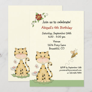 Cute Orange Kattunge och Flowers Birthday Inbjudningar