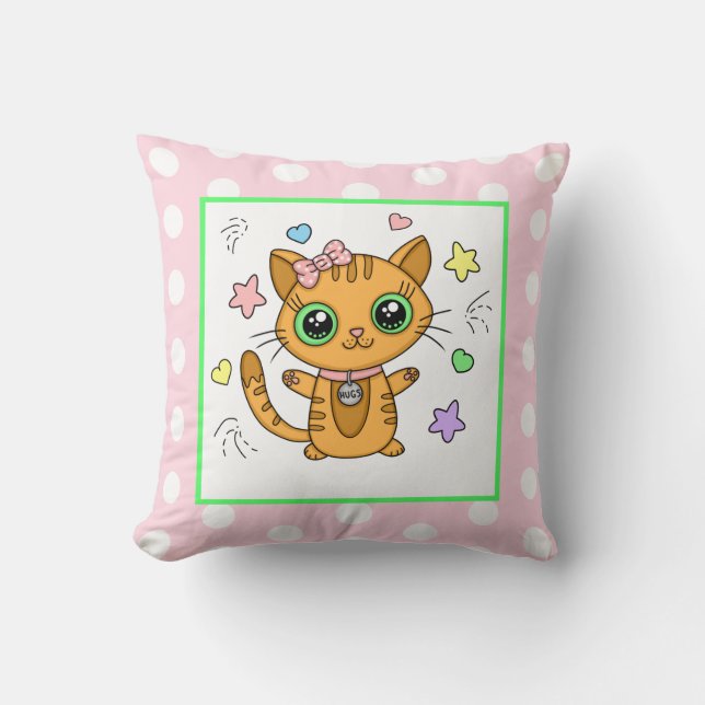 Cute Orange Kattunge rosa Polka Dot Kudde (Framsida)
