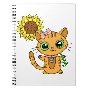 Cute Orange Kawaii Cat med solros Anteckningsbok