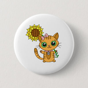 Cute Orange Kawaii Cat med solros Knapp