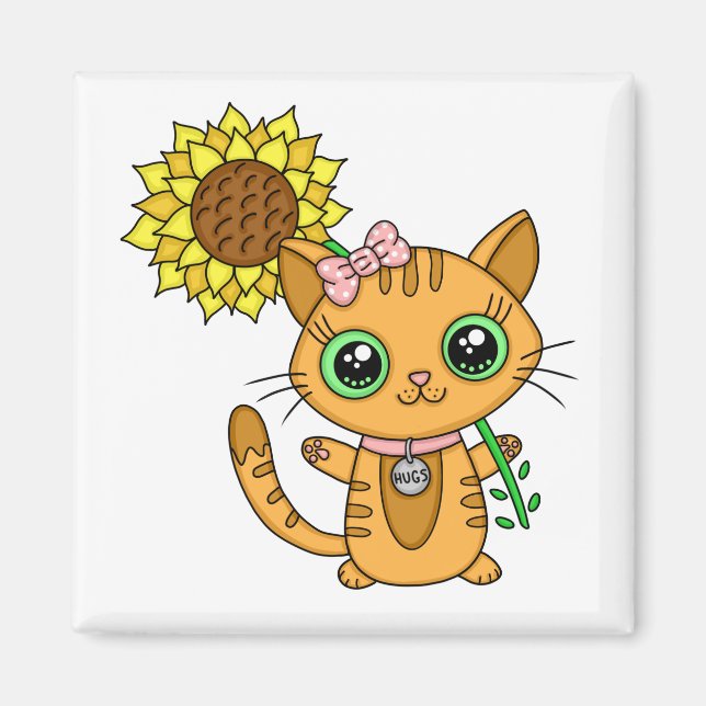 Cute Orange Kawaii Cat med solros Magnet (Framsidan)