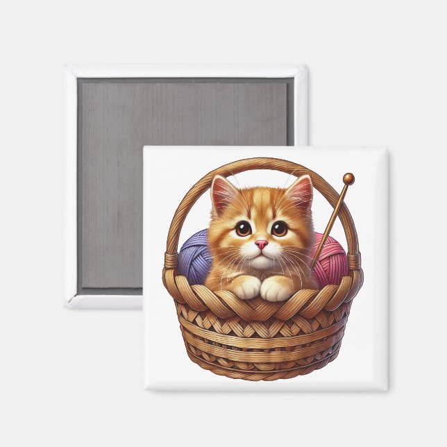 Cute Orange Kitten i Basket med garn Magnet (Front/Back)