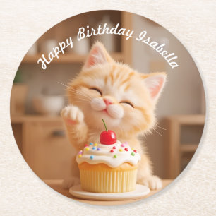 Cute Orange Kitten med en cupkaka Underlägg Papper Rund