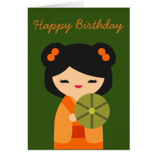 Cute orange Kokeshi Japansk docka Hälsningskort