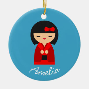 Cute orange Kokeshi Japanska dockor Julgransprydnad Keramik