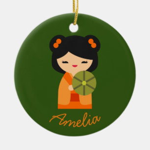 Cute orange Kokeshi Japanska dockor Julgransprydnad Keramik