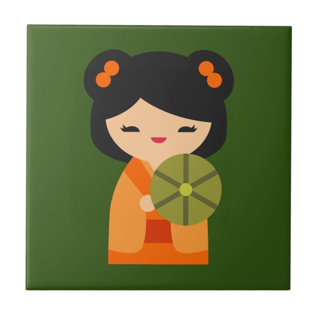 Cute orange Kokeshi Japanska dockor Kakelplatta (Framsidan)
