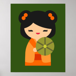 Cute orange Kokeshi Japanska dockor Poster