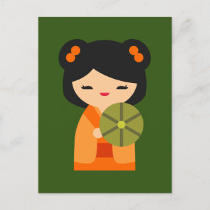 Cute orange Kokeshi Japanska dockor Vykort