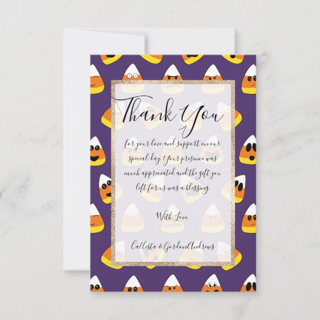 Cute Orange Lila Halloween Emoji Candy corn Tack Kort (Framsida)