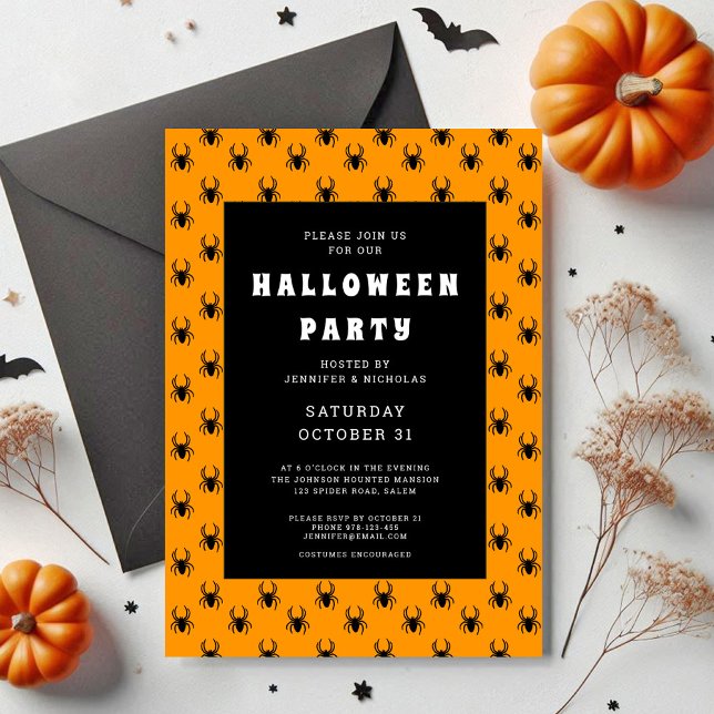 Cute Orange och Black Spiders Halloween fest Inbjudningar (Cute Spiders Orange Halloween Party Invitation)