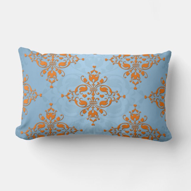 Cute Orange och Blue Damask Lumbarkudde (Framsida)
