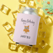 Cute orange owl happy birthday on pink