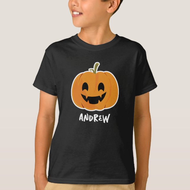 Cute Orange Pumpkin Anpassat namn Kids T-Shirt (Framsida)