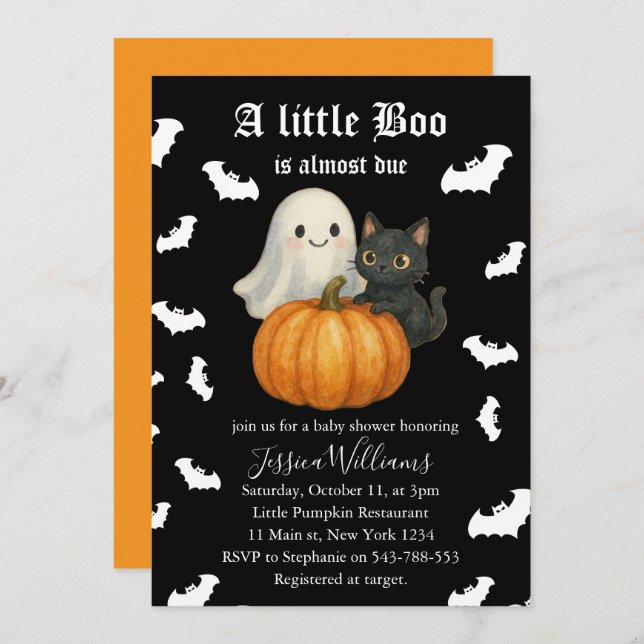 Cute Orange Pumpkin Cat Bats Halloween Baby Shower Inbjudningar (Fram/baksida)