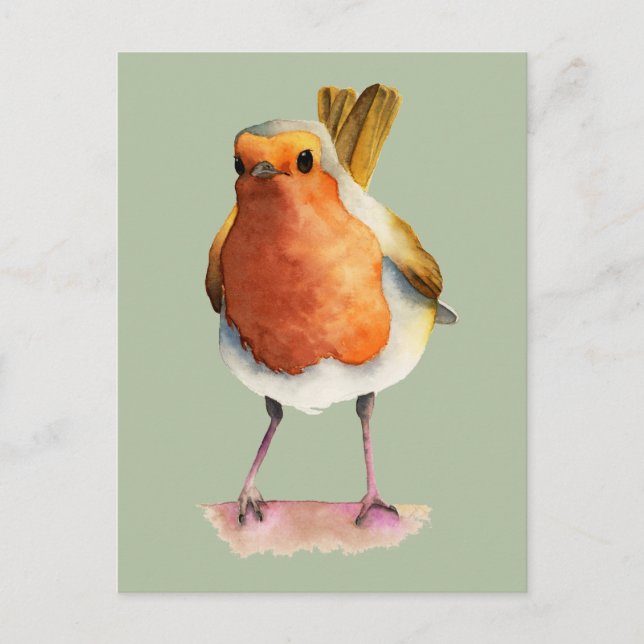 Cute Orange Robin Bird Watercolor Art Vykort (Framsida)