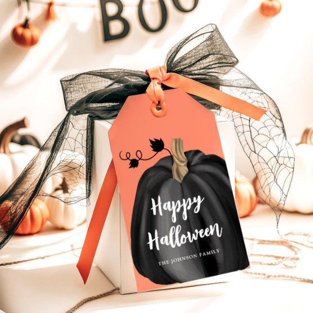Cute Orange Script Pumpkin Halloween Presentetikett (Cute Orange Script Pumpkin Halloween Gift Tags)