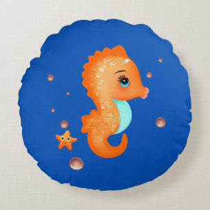 Cute orange seahorse rund kudde