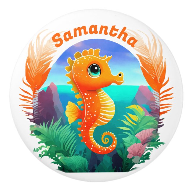 Cute Orange Seahorse Tecknad stil Knopp (Framsidan)