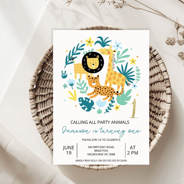 Cute Orange som anropar alla Party-djur 1:a födels Inbjudningar (Calling All Party Animals Safari 1st Birthday Invitation Baby Boy,
Safari Wild One Birthday Invite)
