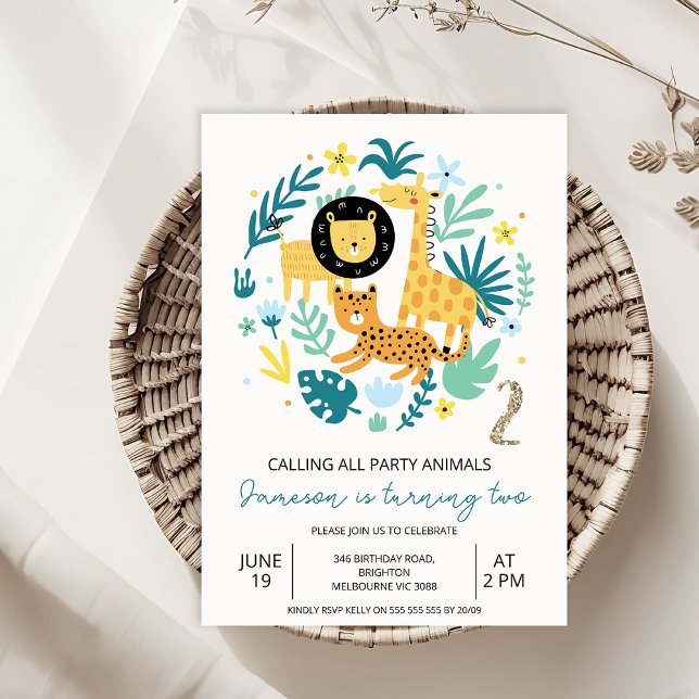 Cute Orange som anropar alla Party-djur andra föde Inbjudningar (Safari Party Animals 2nd Birthday Invitation Template, Jungle Animals Two Wild 2nd Birthday Invite)