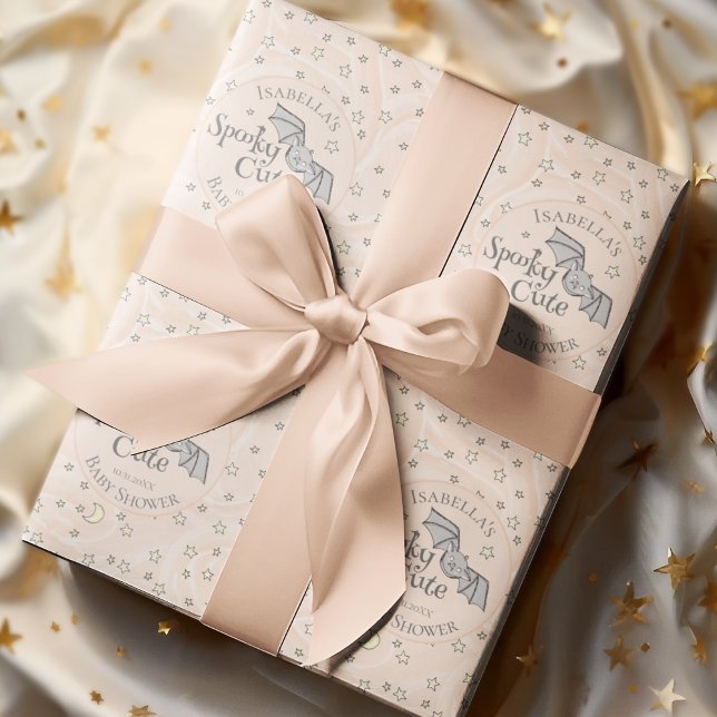 Cute Orange Spooky Cute oktoberbabyskor Presentpapper (Spooky Cute Fall Baby Shower Custom Wrapping Paper. Hand-Drawn Baby Bat, Moons & Stars in Orange)