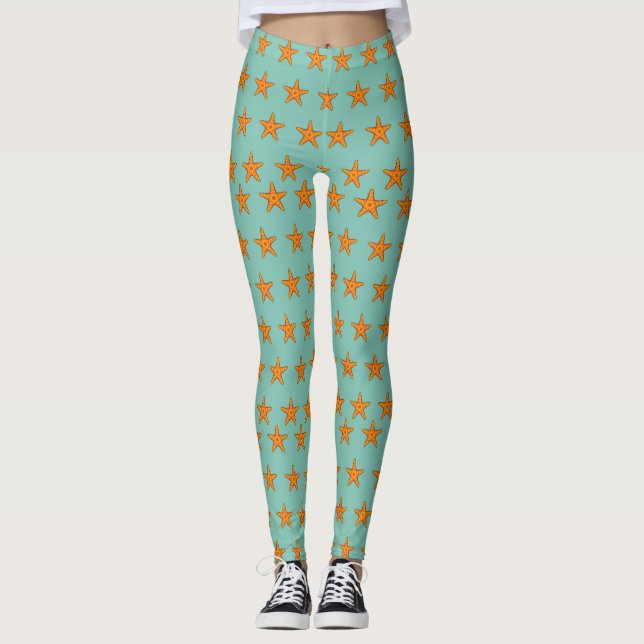 Cute Orange Starfish Tecknad Leggings (Framsida)