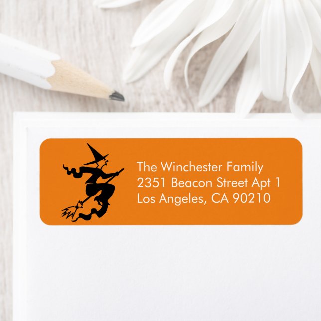 Cute orange, svart häxa Halloween adress Returadress Etikett (Insitu)